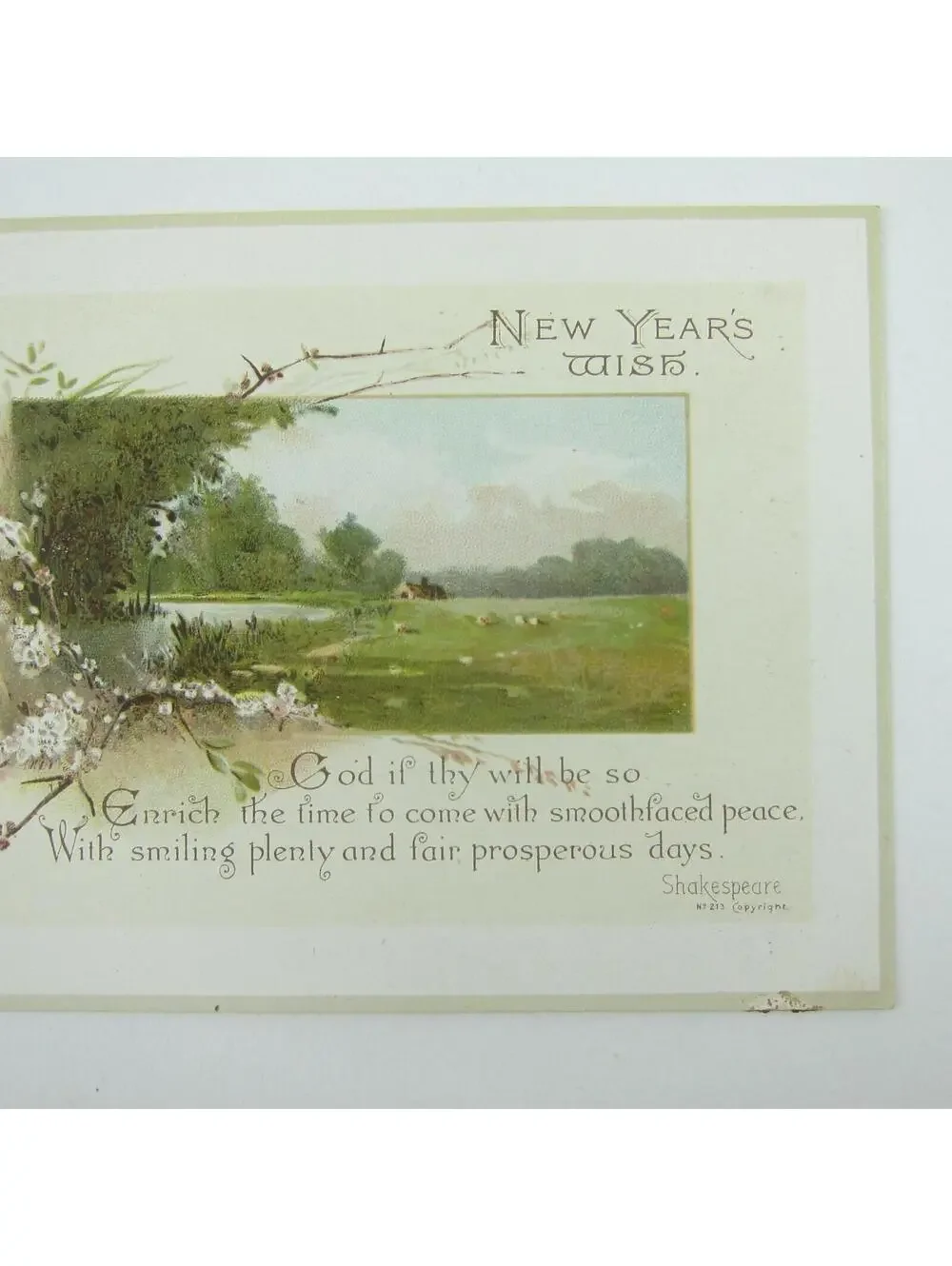 Victorian Greeting Card New Years Wirths Bros & Owen Cabin Field Flowers Antique